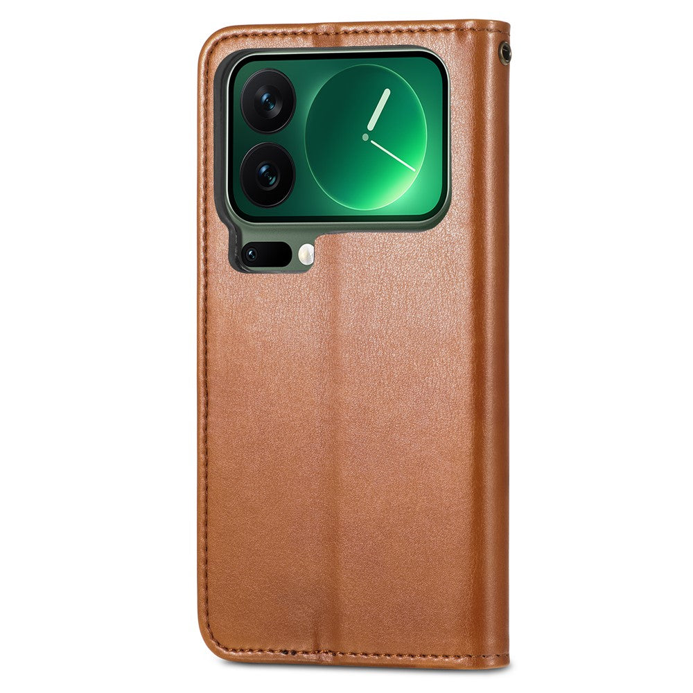 For Xiaomi 17 Pro Max Case Wallet Stand Leather Phone Cover with Wrist Strap - Brown