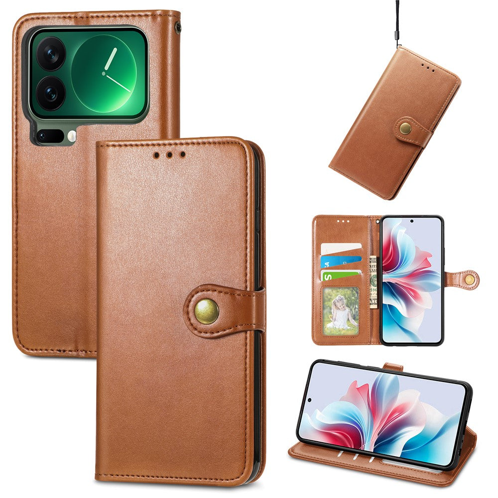 For Xiaomi 17 Pro Max Case Wallet Stand Leather Phone Cover with Wrist Strap - Brown