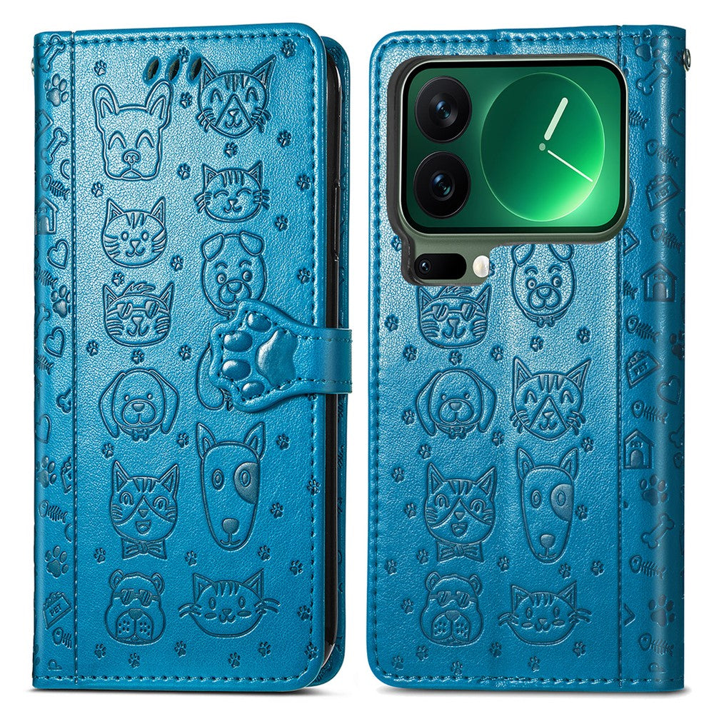 For Xiaomi 17 Pro Max Case Flip Wallet Leather Phone Cover with Cute Cat Dog Pattern - Blue