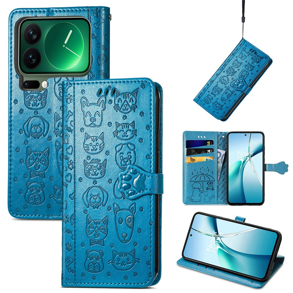 For Xiaomi 17 Pro Max Case Flip Wallet Leather Phone Cover with Cute Cat Dog Pattern - Blue