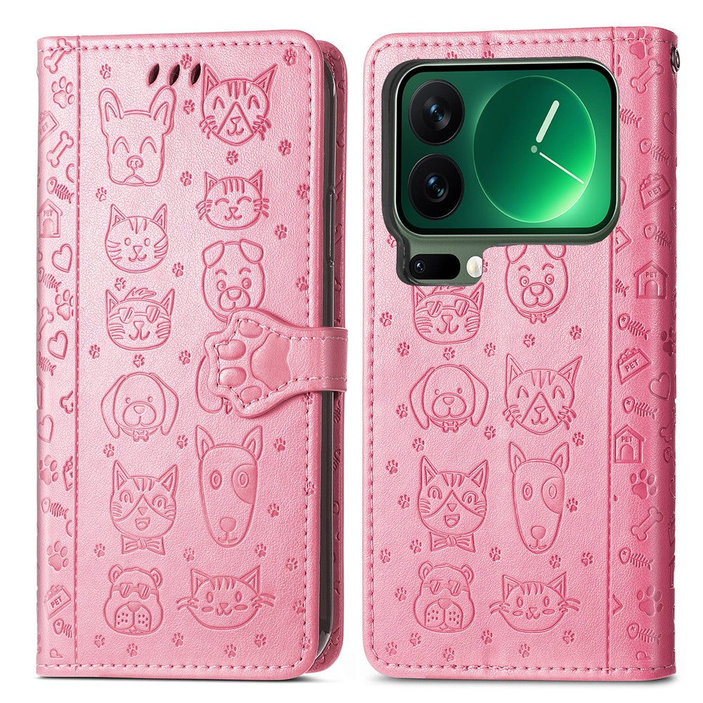 For Xiaomi 17 Pro Max Case Flip Wallet Leather Phone Cover with Cute Cat Dog Pattern - Pink