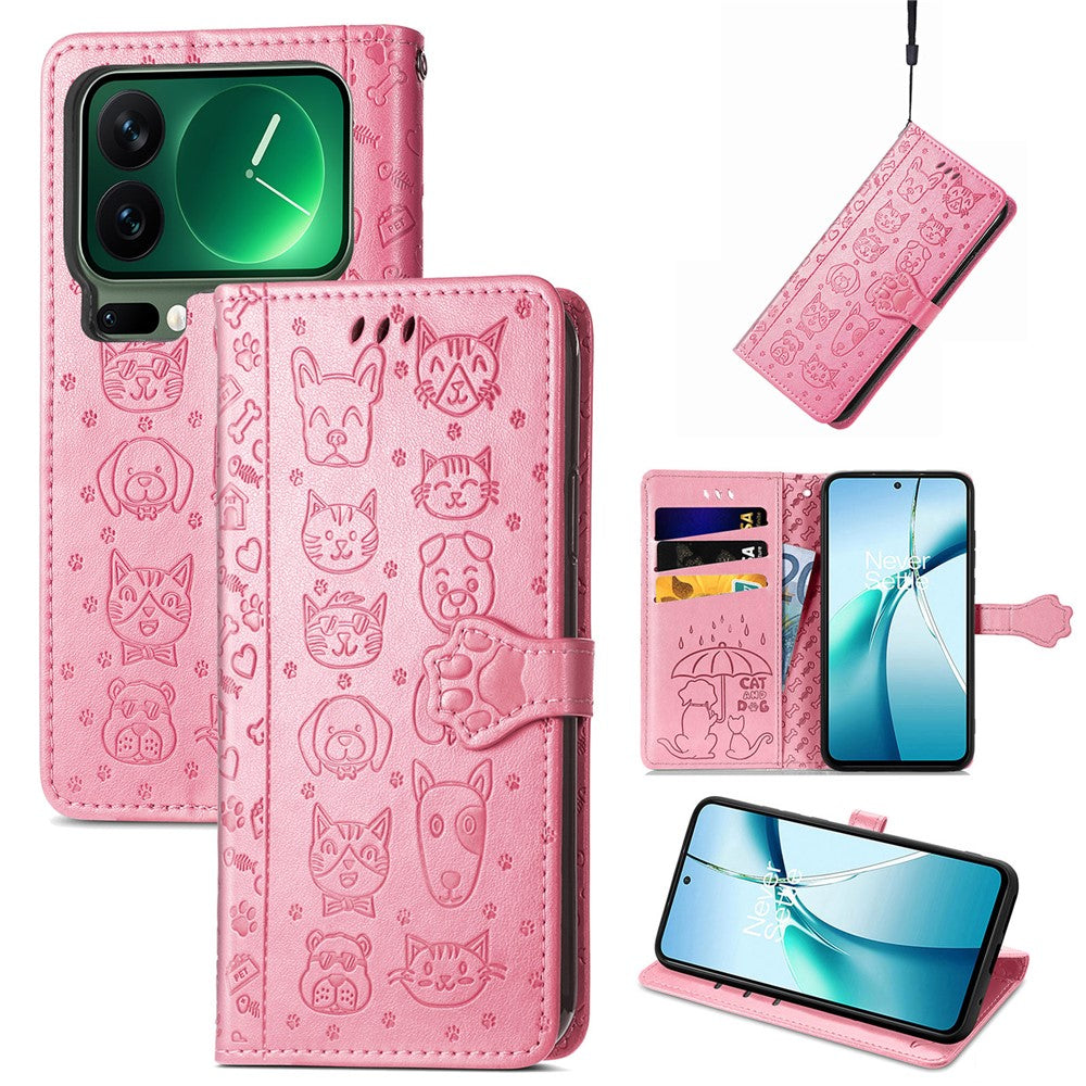 For Xiaomi 17 Pro Max Case Flip Wallet Leather Phone Cover with Cute Cat Dog Pattern - Pink