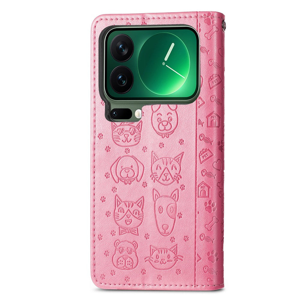 For Xiaomi 17 Pro Max Case Flip Wallet Leather Phone Cover with Cute Cat Dog Pattern - Pink