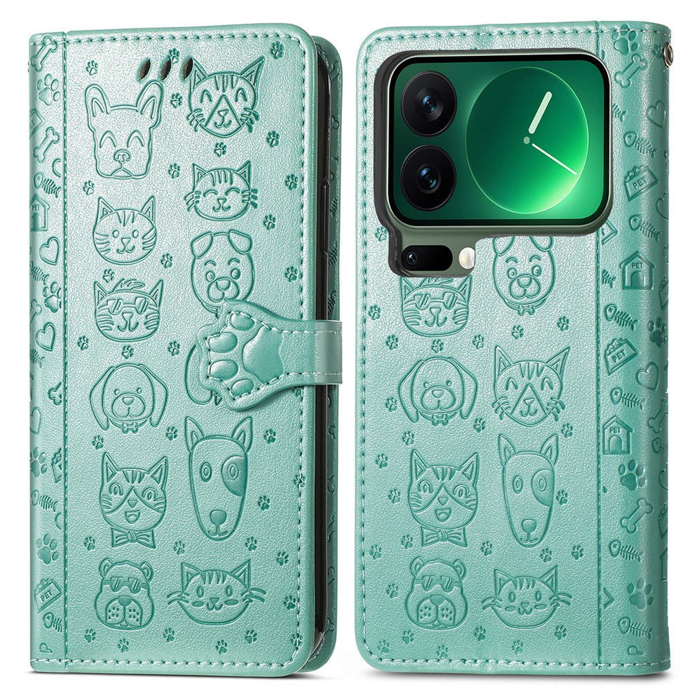 For Xiaomi 17 Pro Max Case Flip Wallet Leather Phone Cover with Cute Cat Dog Pattern - Green