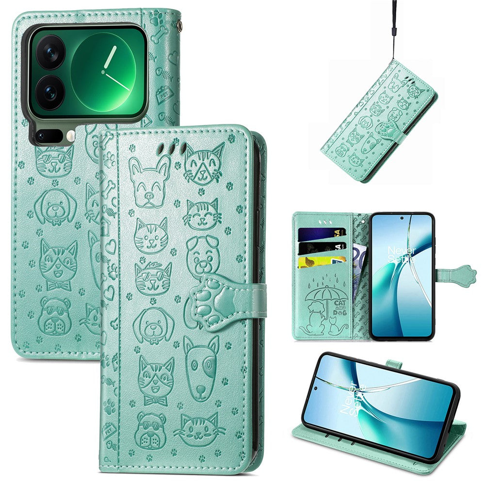 For Xiaomi 17 Pro Max Case Flip Wallet Leather Phone Cover with Cute Cat Dog Pattern - Green