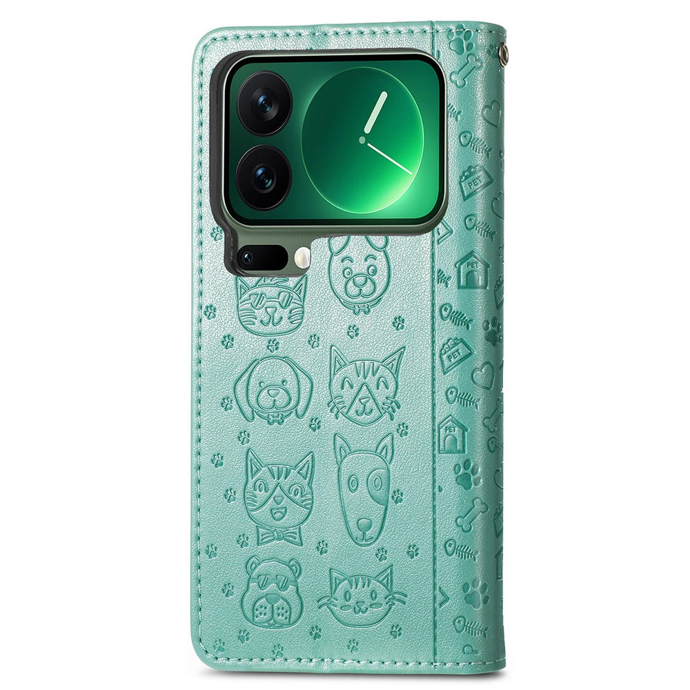 For Xiaomi 17 Pro Max Case Flip Wallet Leather Phone Cover with Cute Cat Dog Pattern - Green