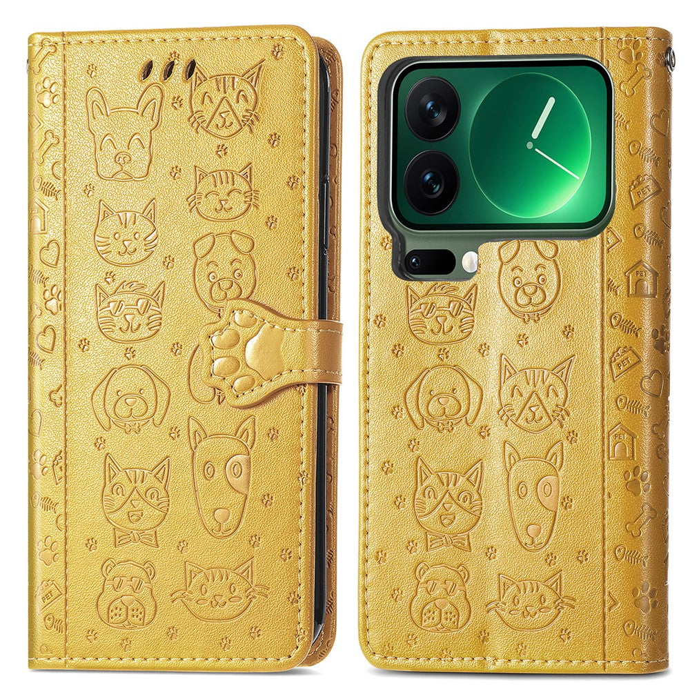For Xiaomi 17 Pro Max Case Flip Wallet Leather Phone Cover with Cute Cat Dog Pattern - Yellow
