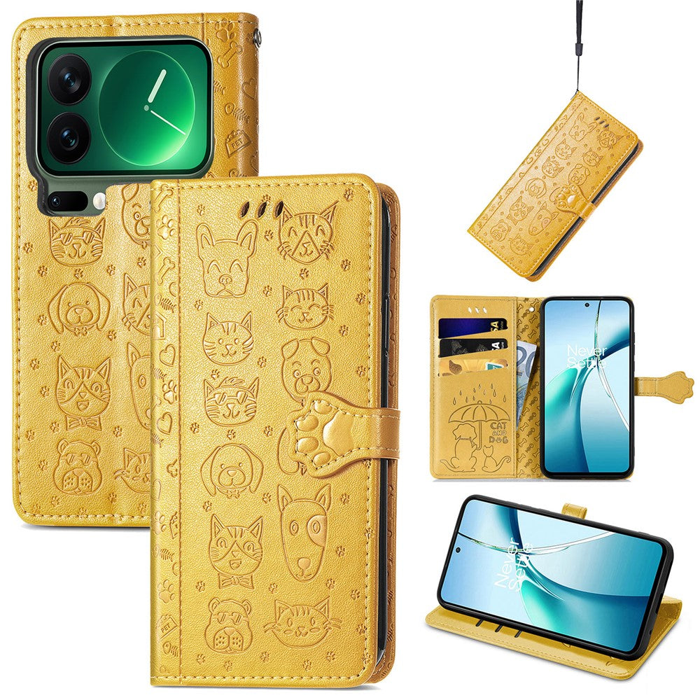 For Xiaomi 17 Pro Max Case Flip Wallet Leather Phone Cover with Cute Cat Dog Pattern - Yellow