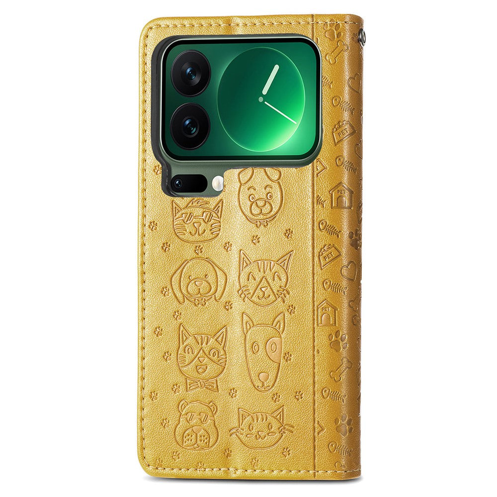 For Xiaomi 17 Pro Max Case Flip Wallet Leather Phone Cover with Cute Cat Dog Pattern - Yellow