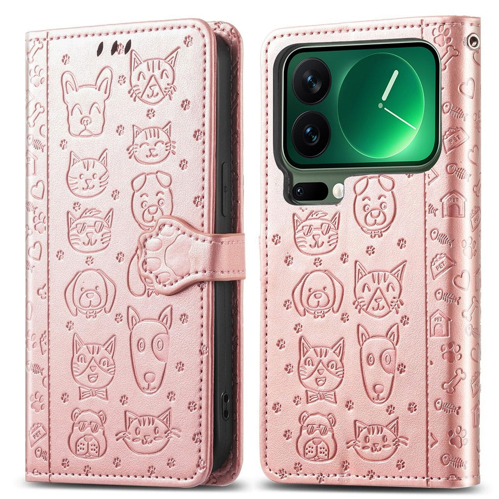 For Xiaomi 17 Pro Max Case Flip Wallet Leather Phone Cover with Cute Cat Dog Pattern - Rose Gold