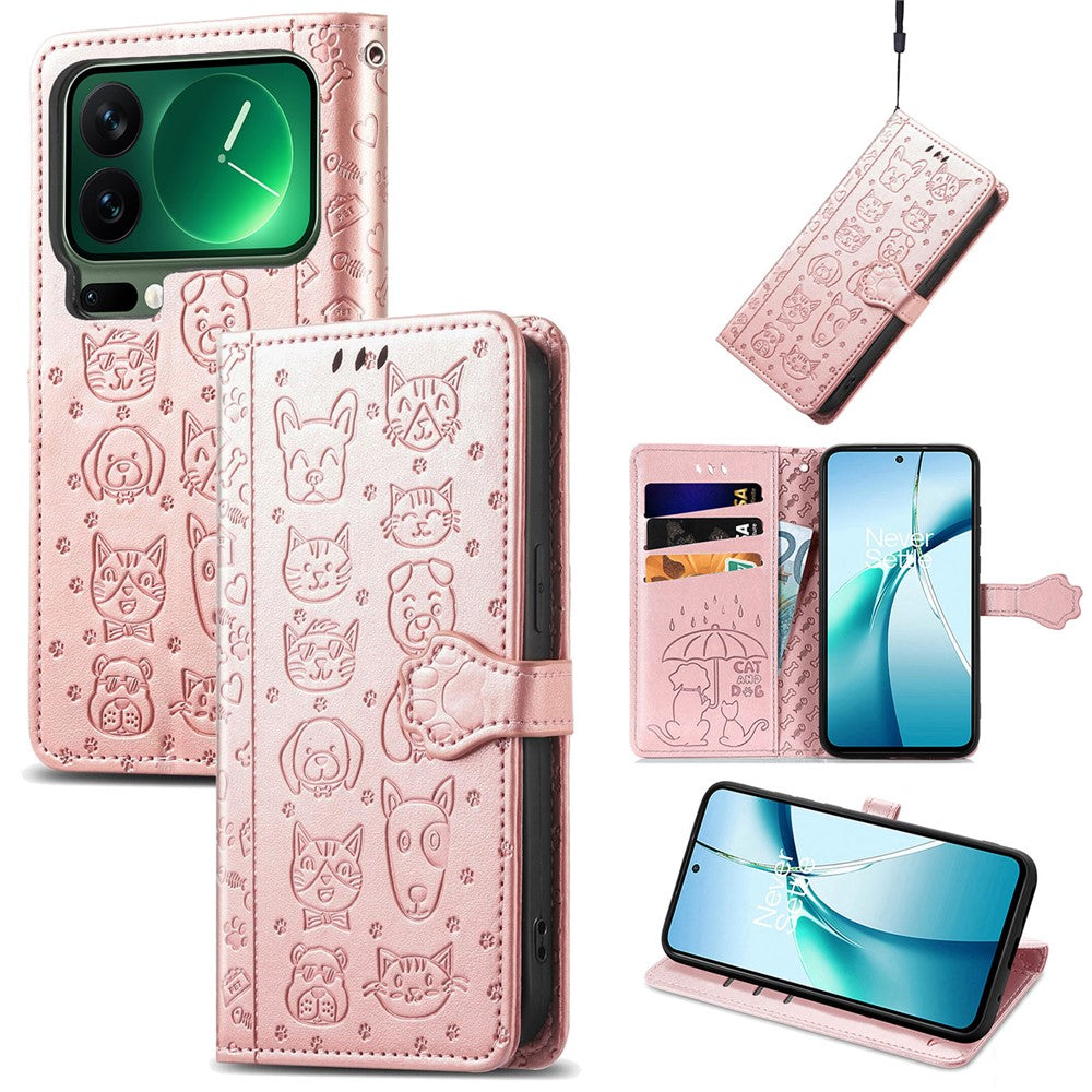 For Xiaomi 17 Pro Max Case Flip Wallet Leather Phone Cover with Cute Cat Dog Pattern - Rose Gold