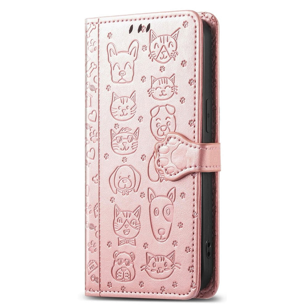 For Xiaomi 17 Pro Max Case Flip Wallet Leather Phone Cover with Cute Cat Dog Pattern - Rose Gold
