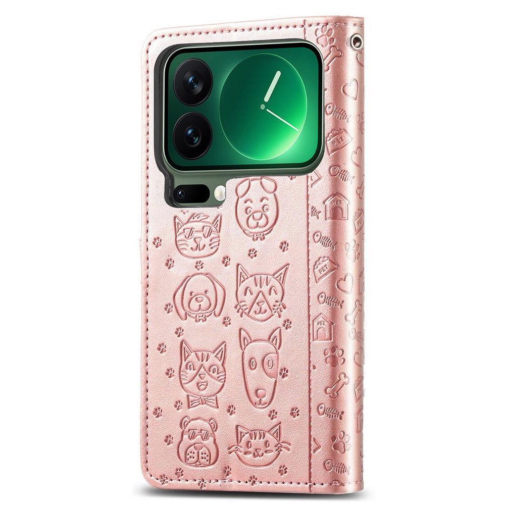 For Xiaomi 17 Pro Max Case Flip Wallet Leather Phone Cover with Cute Cat Dog Pattern - Rose Gold