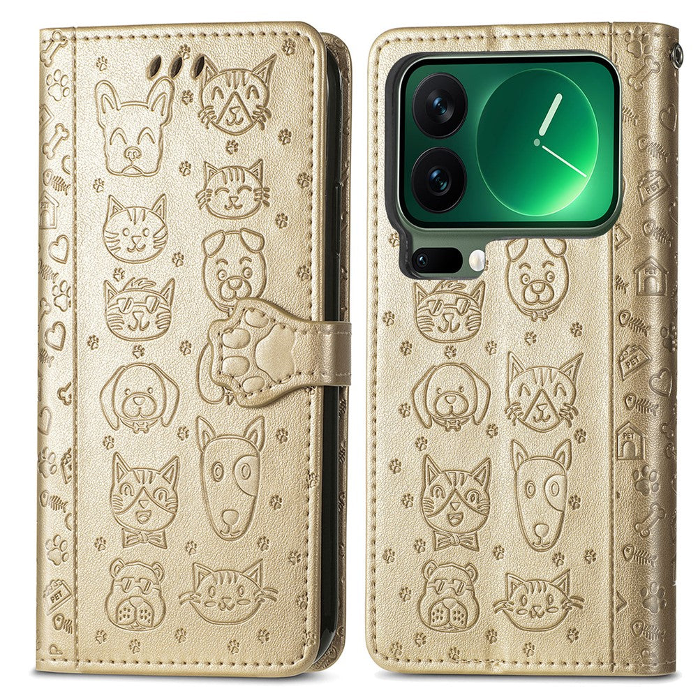 For Xiaomi 17 Pro Max Case Flip Wallet Leather Phone Cover with Cute Cat Dog Pattern - Gold