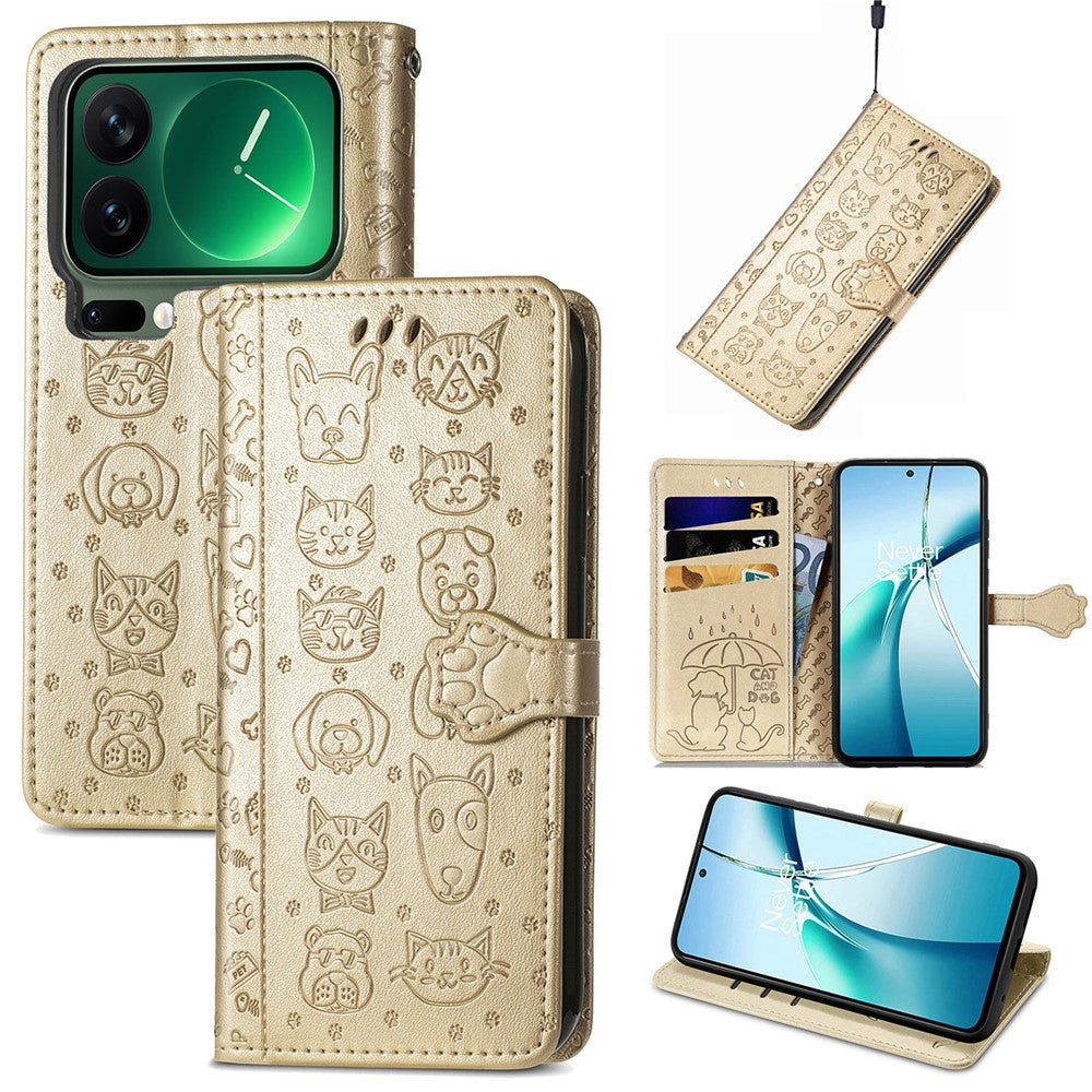 For Xiaomi 17 Pro Max Case Flip Wallet Leather Phone Cover with Cute Cat Dog Pattern - Gold