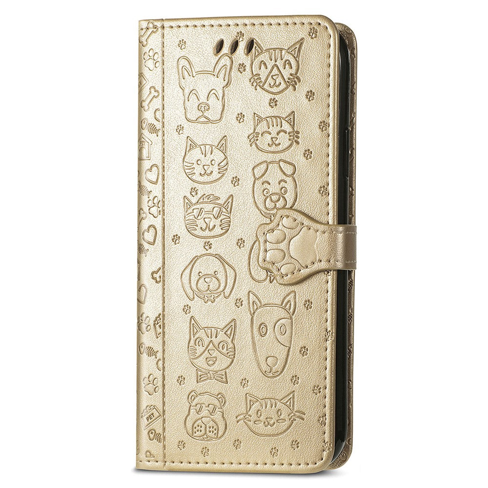 For Xiaomi 17 Pro Max Case Flip Wallet Leather Phone Cover with Cute Cat Dog Pattern - Gold