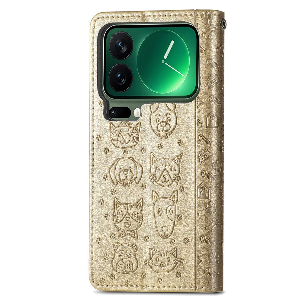 For Xiaomi 17 Pro Max Case Flip Wallet Leather Phone Cover with Cute Cat Dog Pattern - Gold