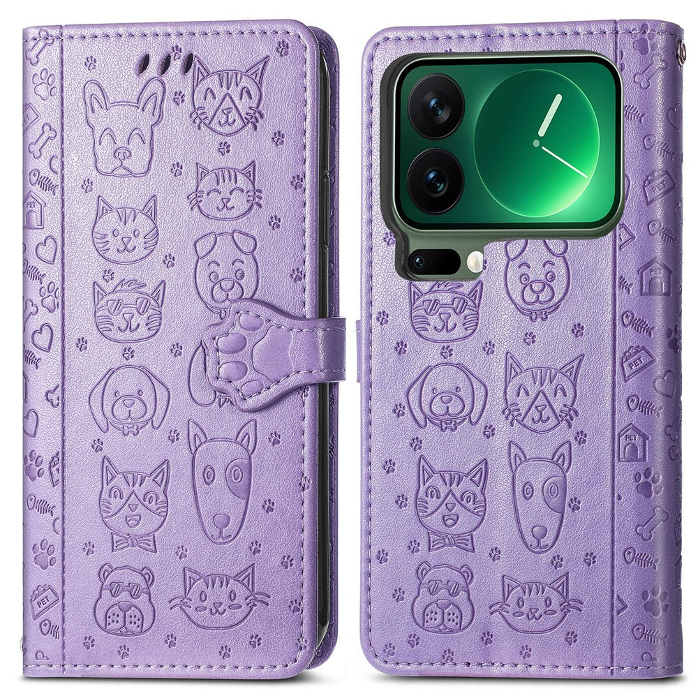 For Xiaomi 17 Pro Max Case Flip Wallet Leather Phone Cover with Cute Cat Dog Pattern - Light Purple