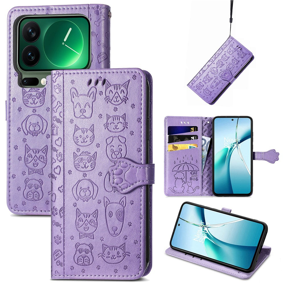 For Xiaomi 17 Pro Max Case Flip Wallet Leather Phone Cover with Cute Cat Dog Pattern - Light Purple