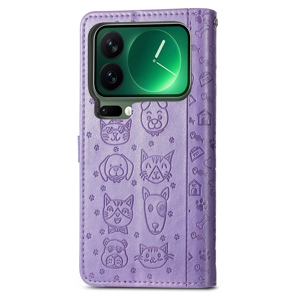 For Xiaomi 17 Pro Max Case Flip Wallet Leather Phone Cover with Cute Cat Dog Pattern - Light Purple