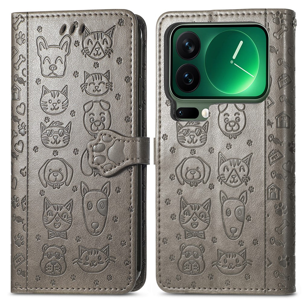 For Xiaomi 17 Pro Max Case Flip Wallet Leather Phone Cover with Cute Cat Dog Pattern - Grey