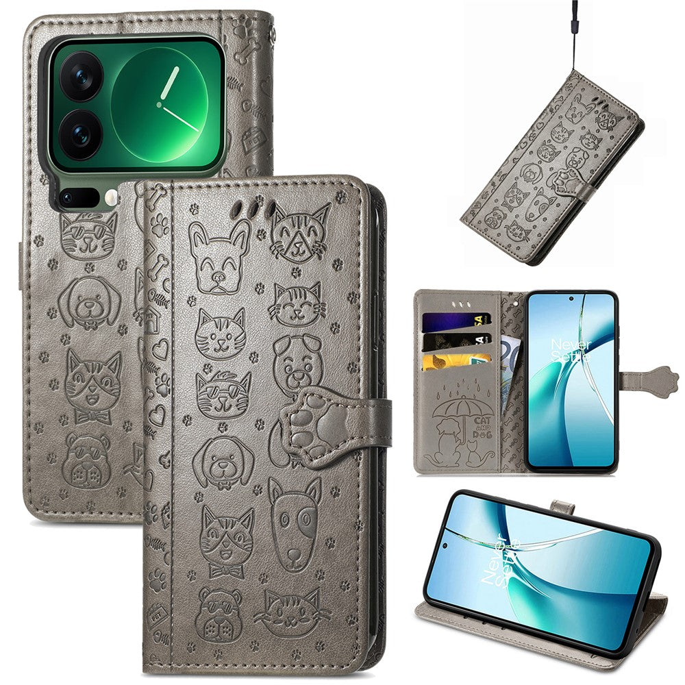 For Xiaomi 17 Pro Max Case Flip Wallet Leather Phone Cover with Cute Cat Dog Pattern - Grey