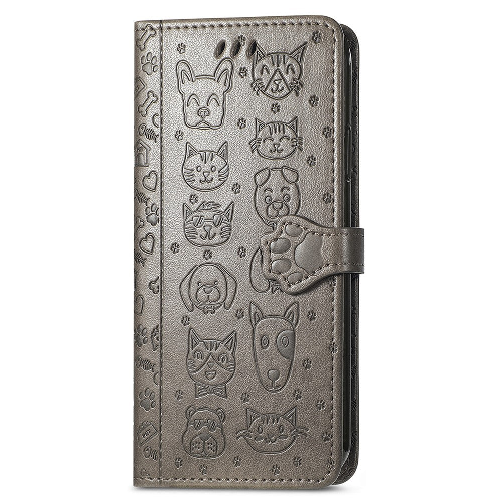 For Xiaomi 17 Pro Max Case Flip Wallet Leather Phone Cover with Cute Cat Dog Pattern - Grey