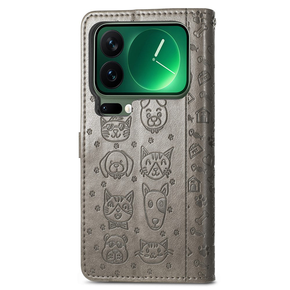 For Xiaomi 17 Pro Max Case Flip Wallet Leather Phone Cover with Cute Cat Dog Pattern - Grey