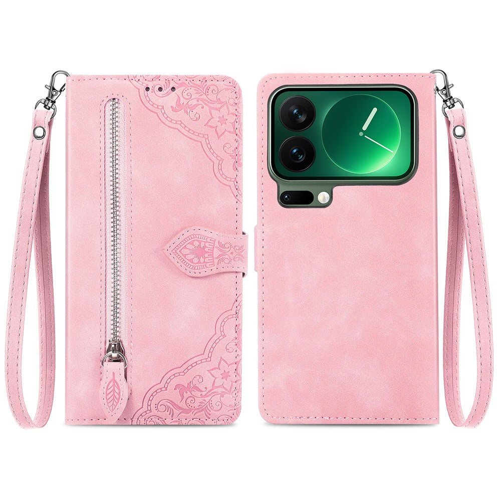 For Xiaomi 17 Pro Max Zipper Wallet Case with Strap Flower Imprint PU Leather Phone Cover - Pink