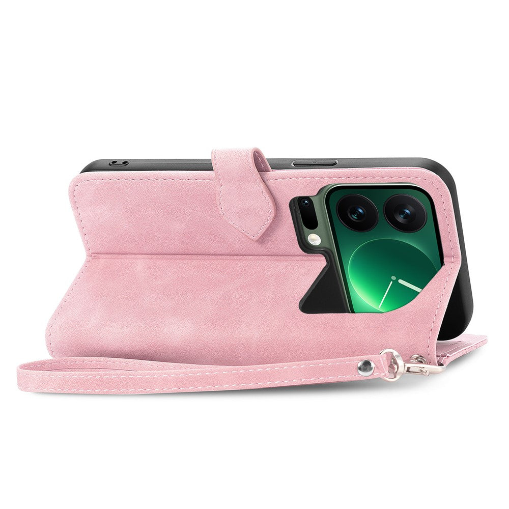 For Xiaomi 17 Pro Max Zipper Wallet Case with Strap Flower Imprint PU Leather Phone Cover - Pink