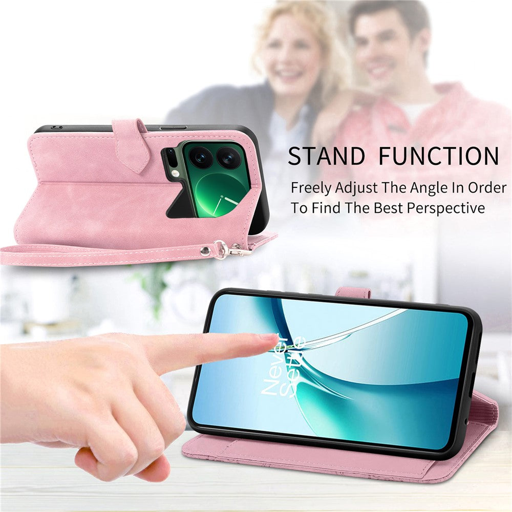 For Xiaomi 17 Pro Max Zipper Wallet Case with Strap Flower Imprint PU Leather Phone Cover - Pink