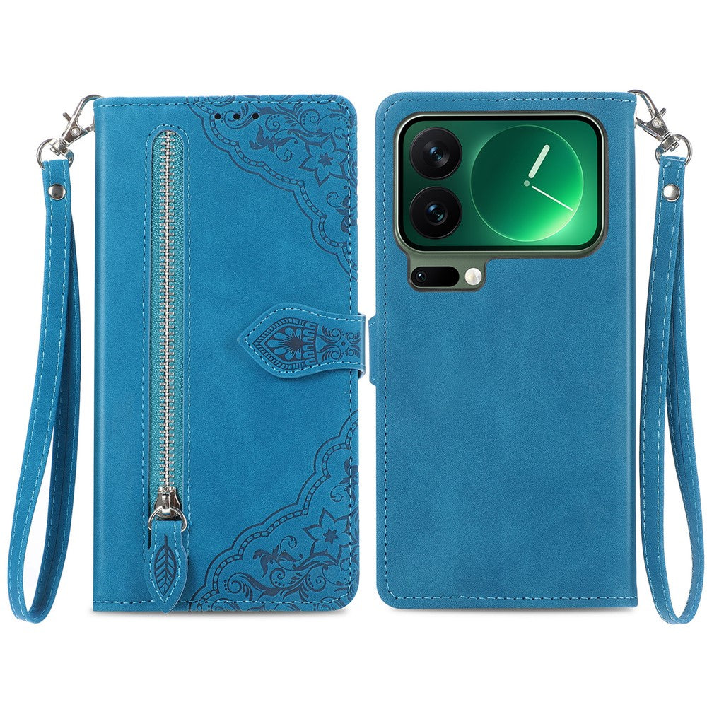 For Xiaomi 17 Pro Max Zipper Wallet Case with Strap Flower Imprint PU Leather Phone Cover - Blue