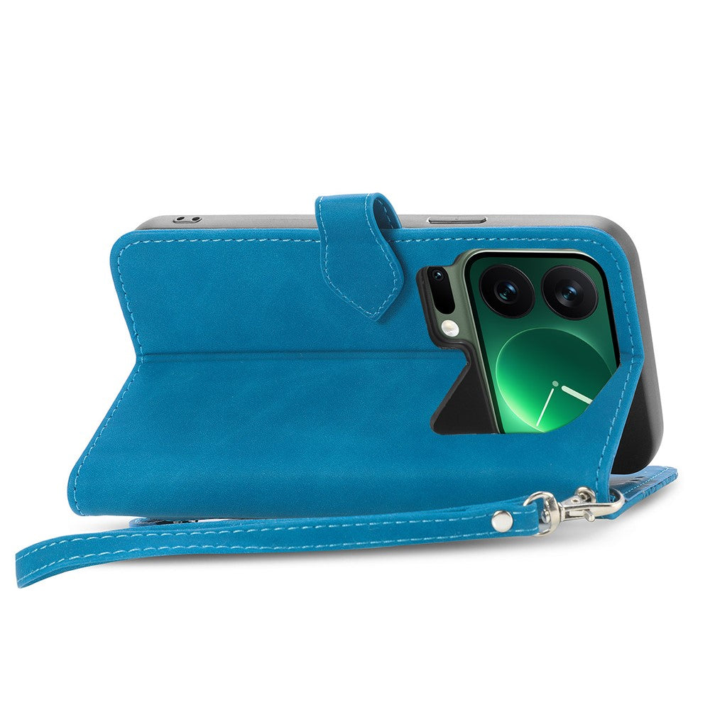 For Xiaomi 17 Pro Max Zipper Wallet Case with Strap Flower Imprint PU Leather Phone Cover - Blue