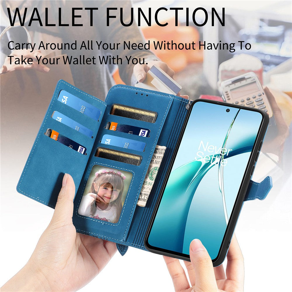 For Xiaomi 17 Pro Max Zipper Wallet Case with Strap Flower Imprint PU Leather Phone Cover - Blue