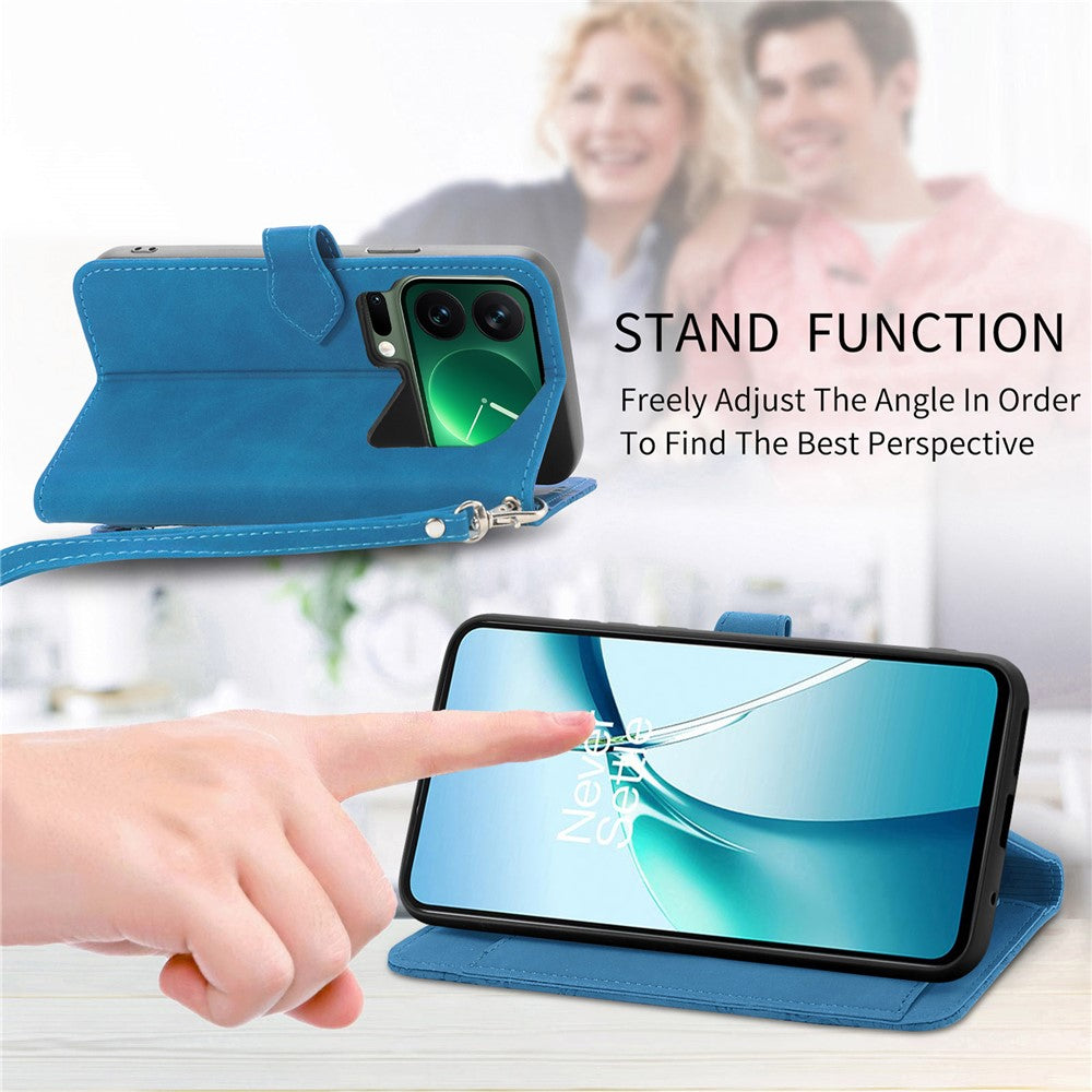 For Xiaomi 17 Pro Max Zipper Wallet Case with Strap Flower Imprint PU Leather Phone Cover - Blue