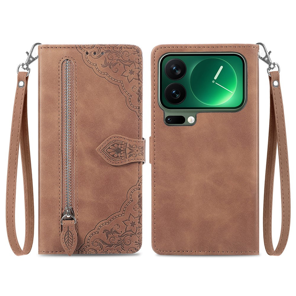 For Xiaomi 17 Pro Max Zipper Wallet Case with Strap Flower Imprint PU Leather Phone Cover - Brown