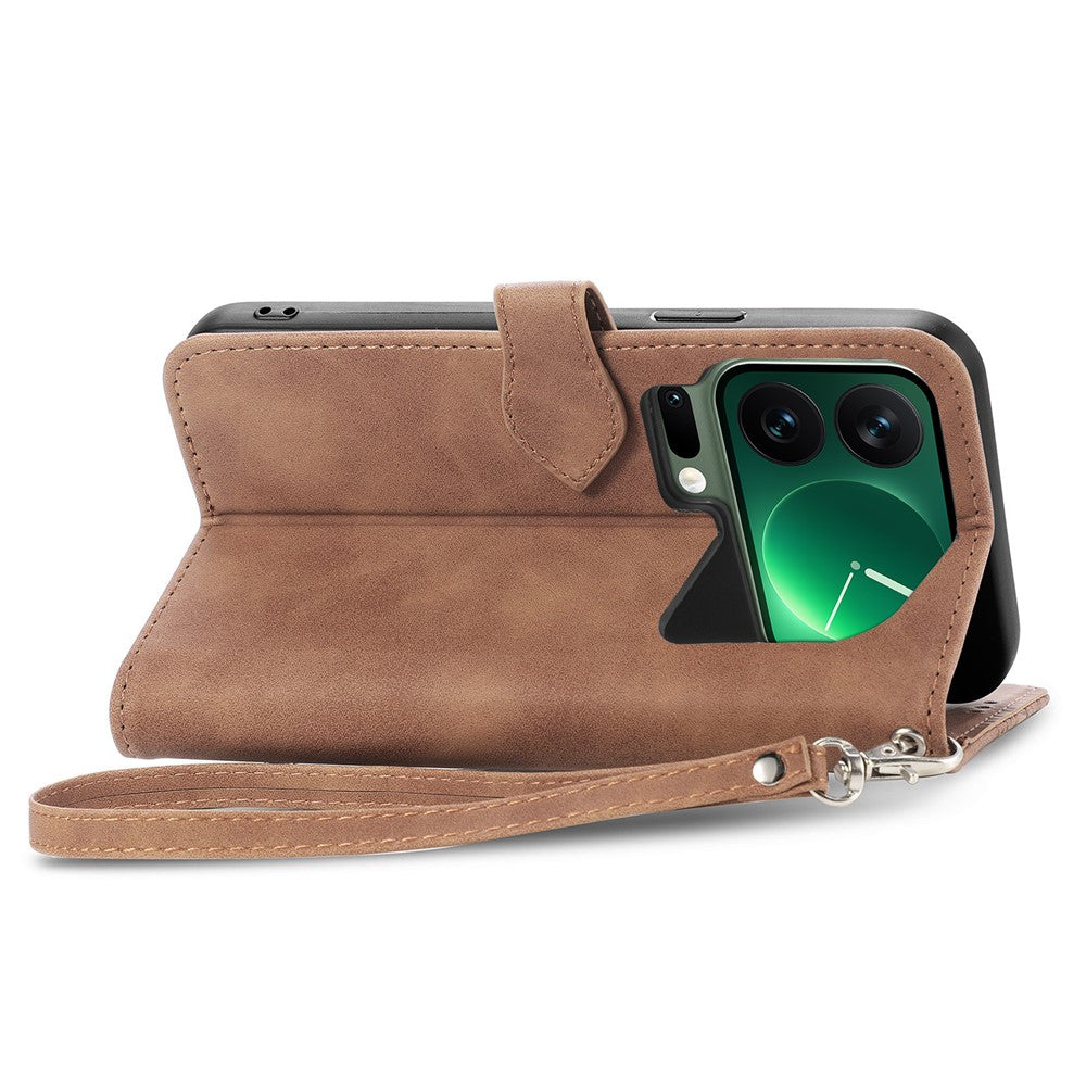 For Xiaomi 17 Pro Max Zipper Wallet Case with Strap Flower Imprint PU Leather Phone Cover - Brown