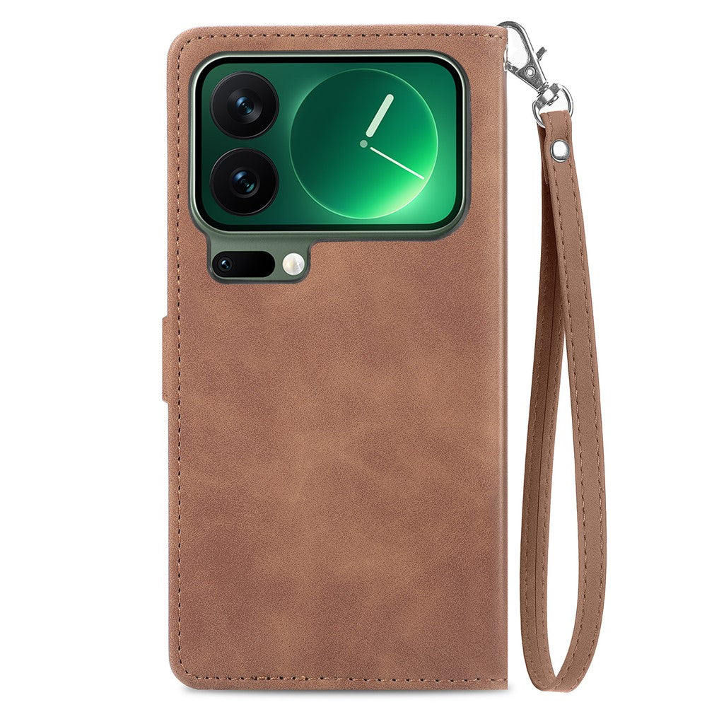 For Xiaomi 17 Pro Max Zipper Wallet Case with Strap Flower Imprint PU Leather Phone Cover - Brown