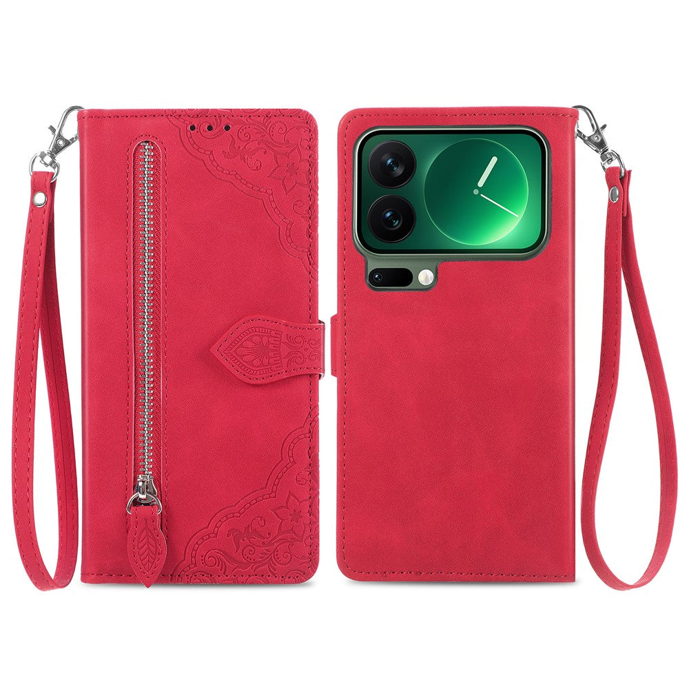 For Xiaomi 17 Pro Max Zipper Wallet Case with Strap Flower Imprint PU Leather Phone Cover - Red