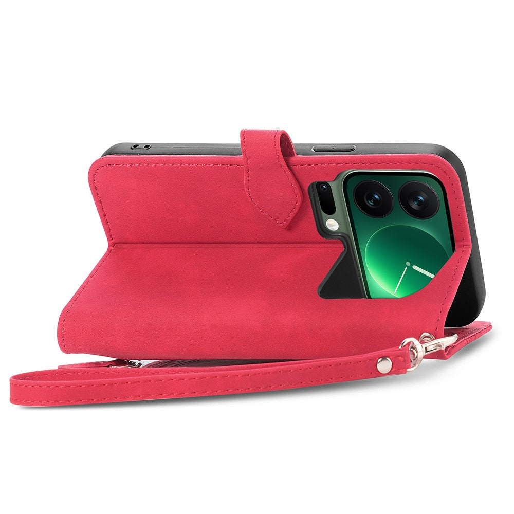 For Xiaomi 17 Pro Max Zipper Wallet Case with Strap Flower Imprint PU Leather Phone Cover - Red