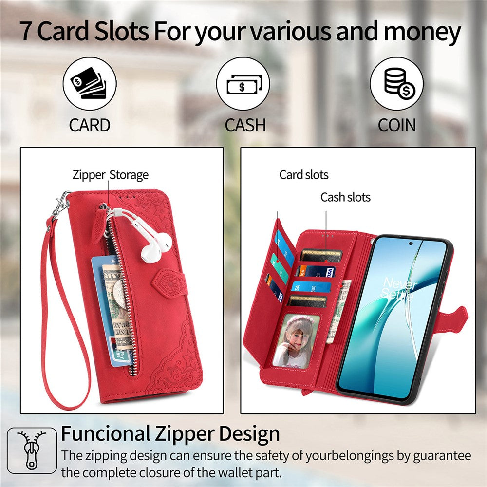For Xiaomi 17 Pro Max Zipper Wallet Case with Strap Flower Imprint PU Leather Phone Cover - Red