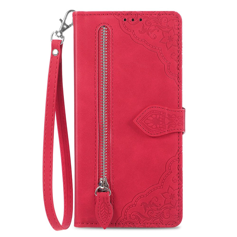 For Xiaomi 17 Pro Max Zipper Wallet Case with Strap Flower Imprint PU Leather Phone Cover - Red