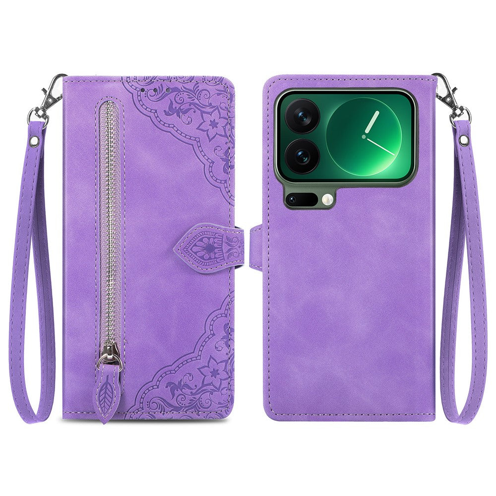 For Xiaomi 17 Pro Max Zipper Wallet Case with Strap Flower Imprint PU Leather Phone Cover - Light Purple