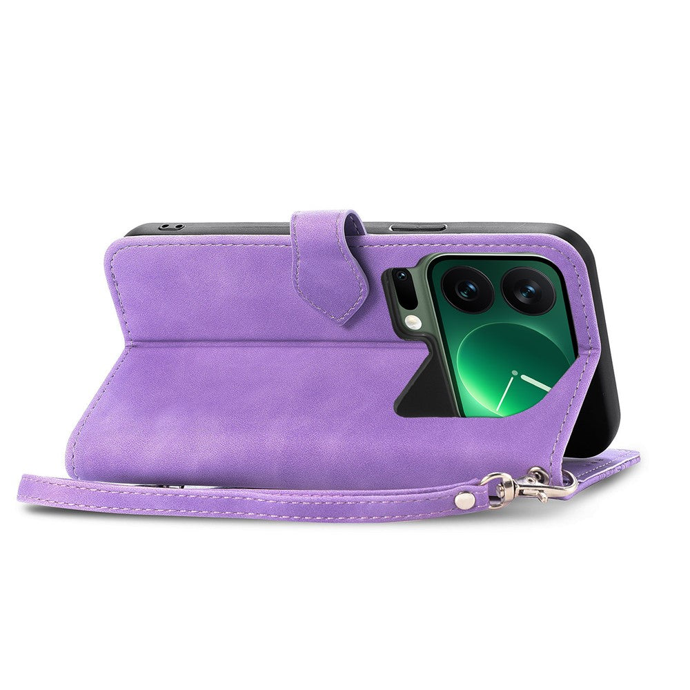 For Xiaomi 17 Pro Max Zipper Wallet Case with Strap Flower Imprint PU Leather Phone Cover - Light Purple
