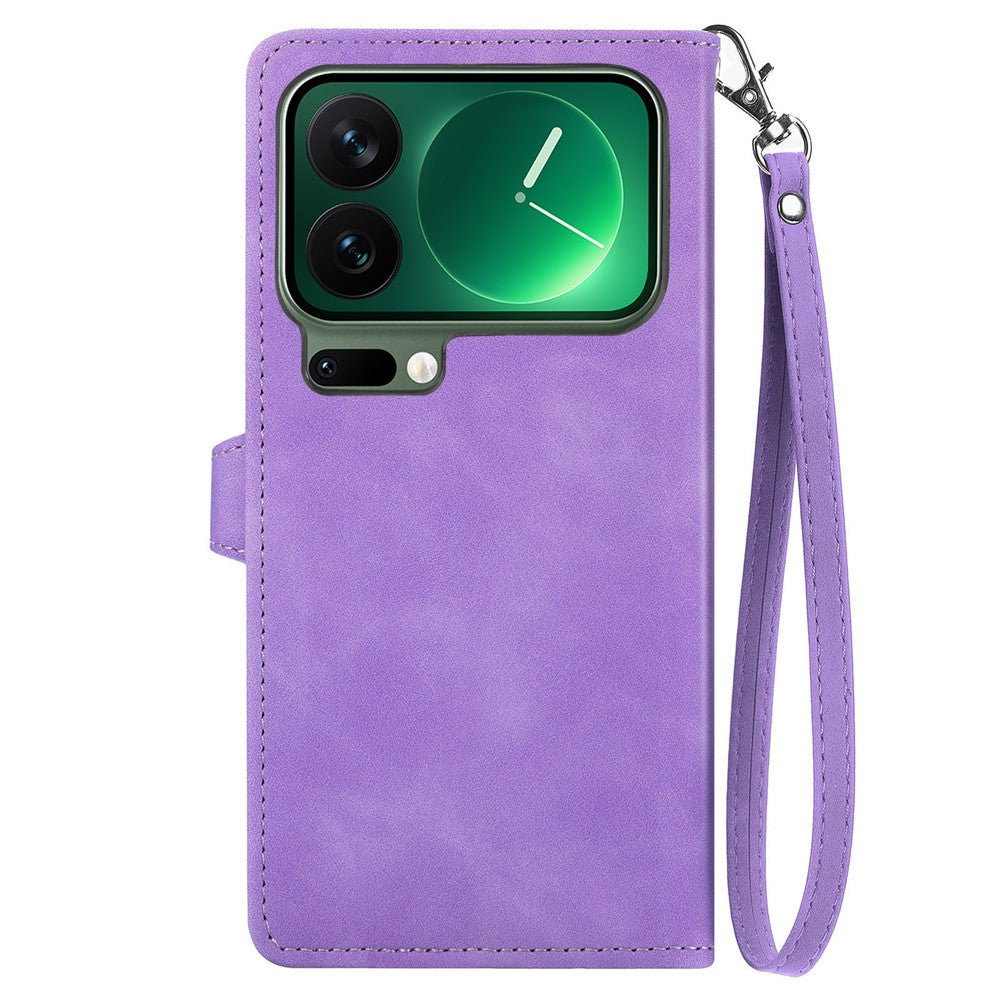 For Xiaomi 17 Pro Max Zipper Wallet Case with Strap Flower Imprint PU Leather Phone Cover - Light Purple