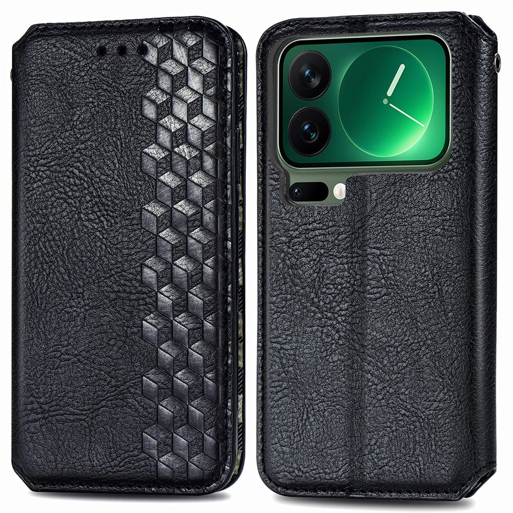 For Xiaomi 17 Pro Max Case Rhombus Imprint PU Leather Wallet Phone Cover - Black