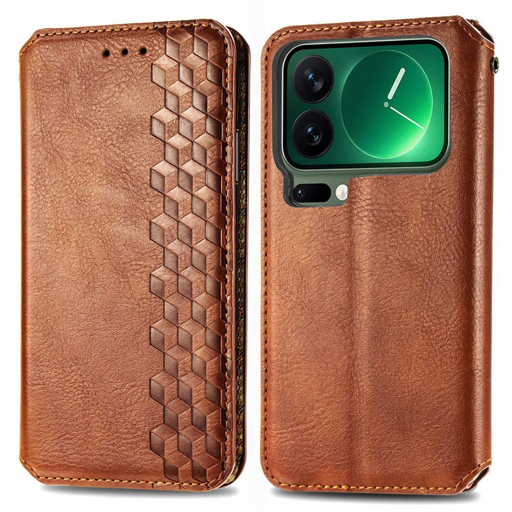 For Xiaomi 17 Pro Max Case Rhombus Imprint PU Leather Wallet Phone Cover - Brown