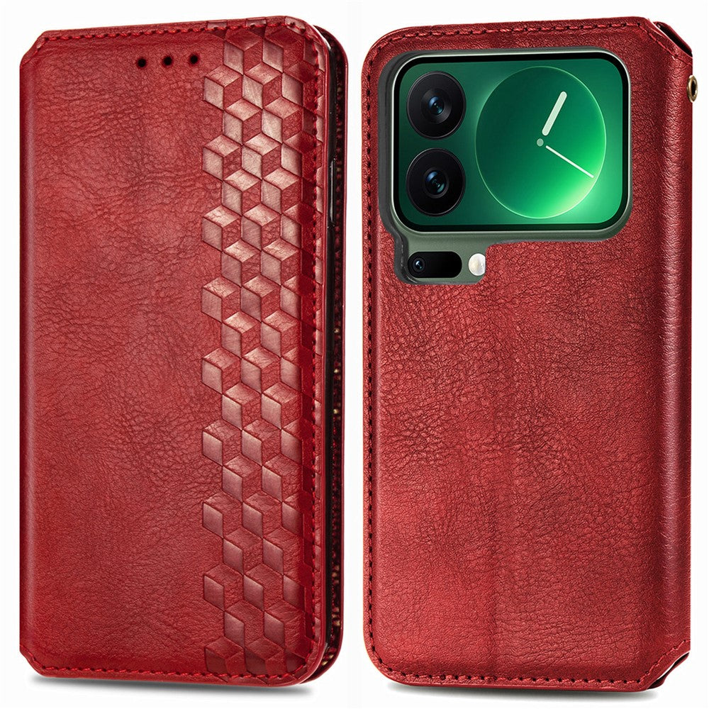 For Xiaomi 17 Pro Max Case Rhombus Imprint PU Leather Wallet Phone Cover - Red