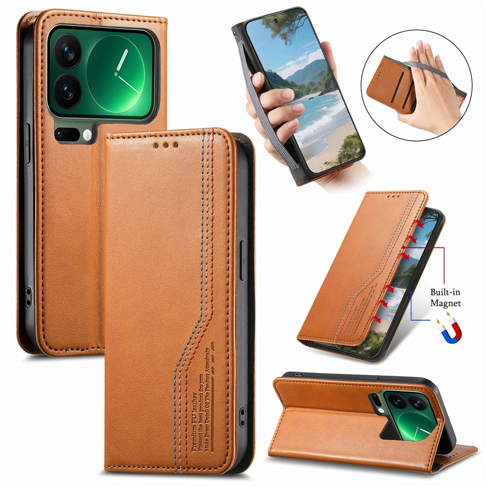 For Xiaomi 17 Pro Max Case Wallet Tri-Color Stitching Leather Phone Cover with Elastic Wristband - Brown
