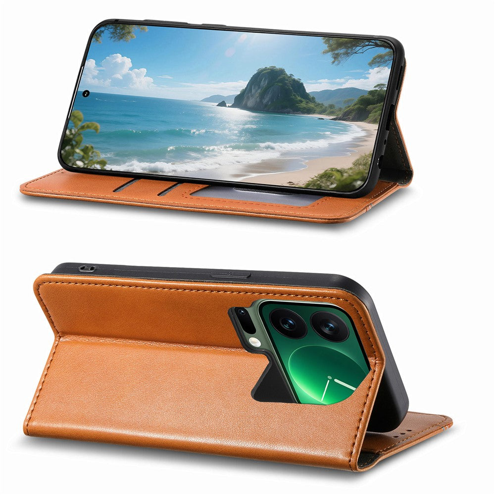 For Xiaomi 17 Pro Max Case Wallet Tri-Color Stitching Leather Phone Cover with Elastic Wristband - Brown